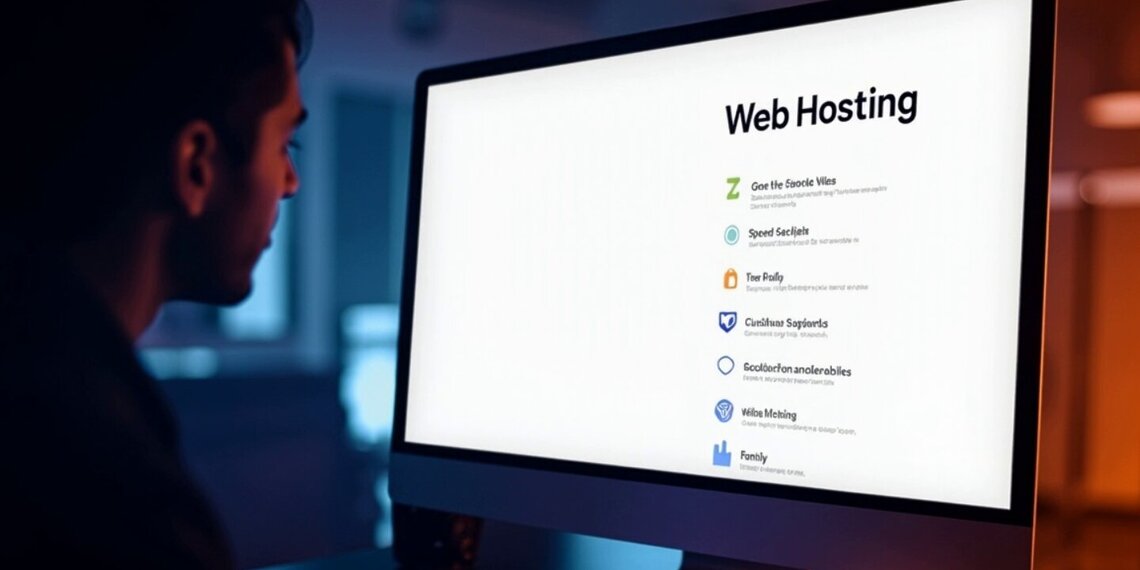 A man staring at the computer screen which says Web Hosting.