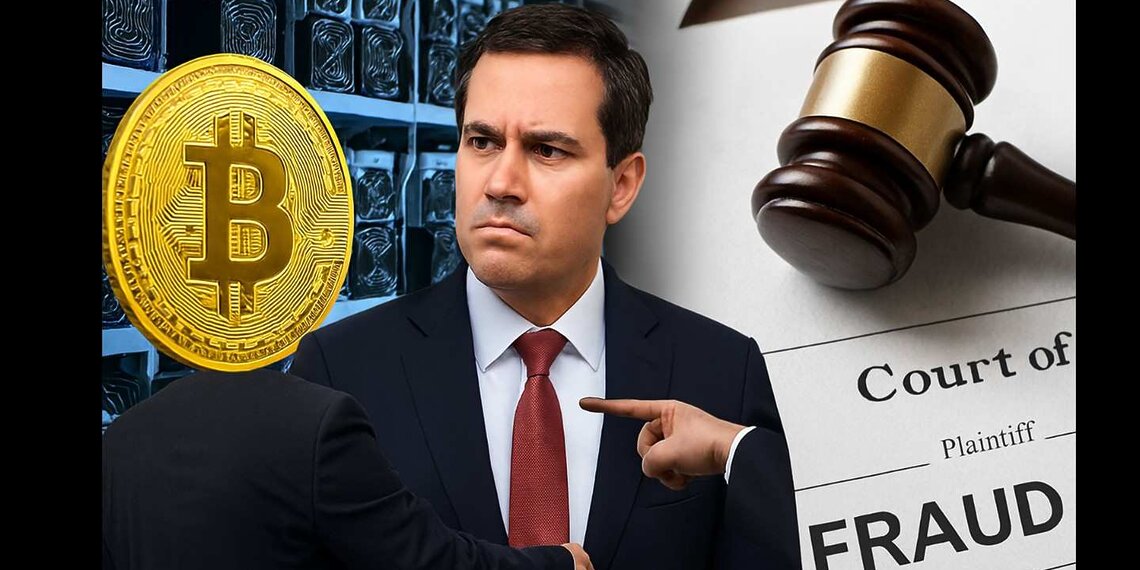 Bitcoin mining machines, a concerned executive, and a legal gavel symbolizing fraud allegations