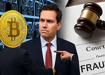 Bitcoin mining machines, a concerned executive, and a legal gavel symbolizing fraud allegations